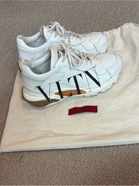 Valentino White Leather VLTN Sneakers with Tan Accents